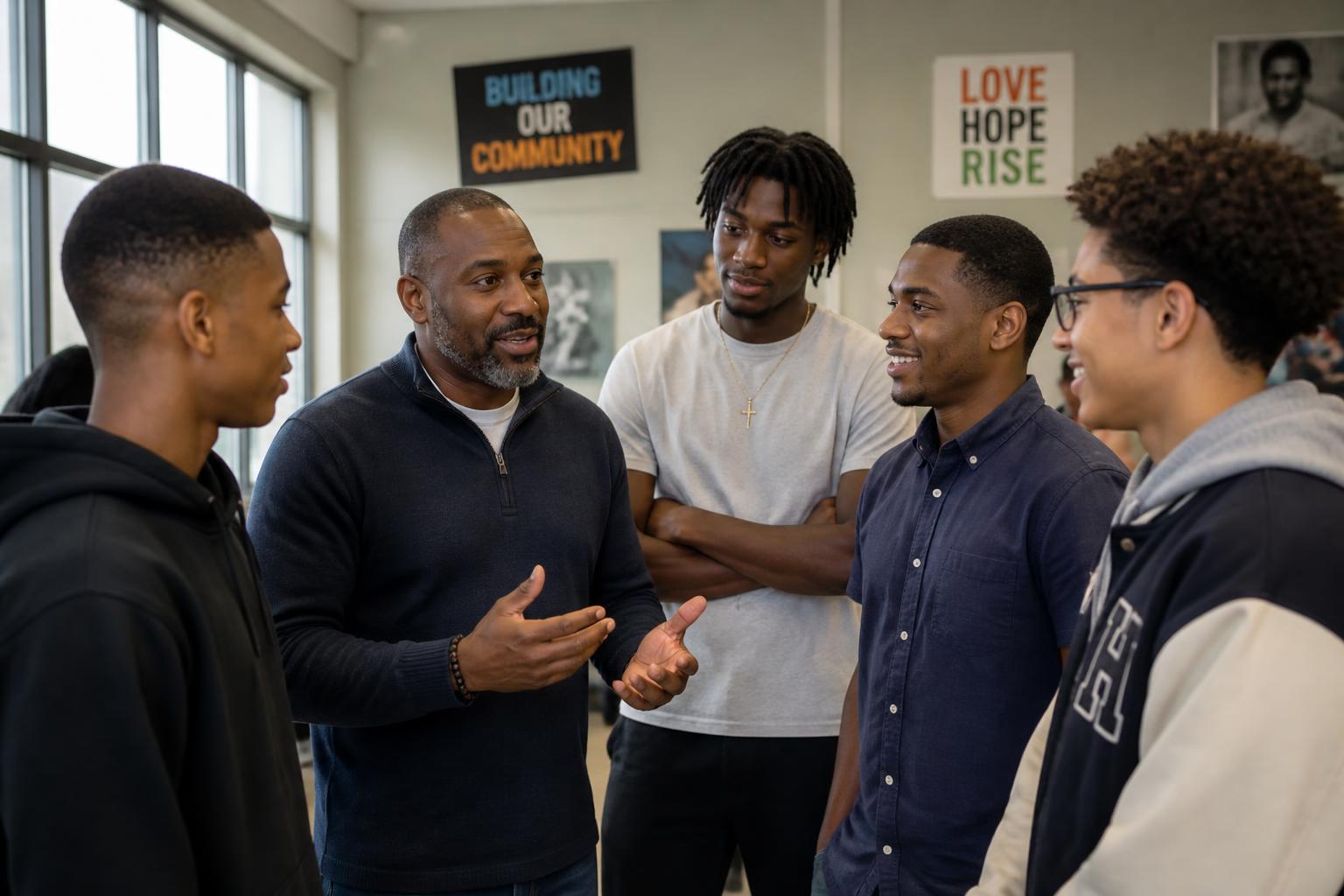 Adult mentor talking with a diverse group of young Black men in a community center