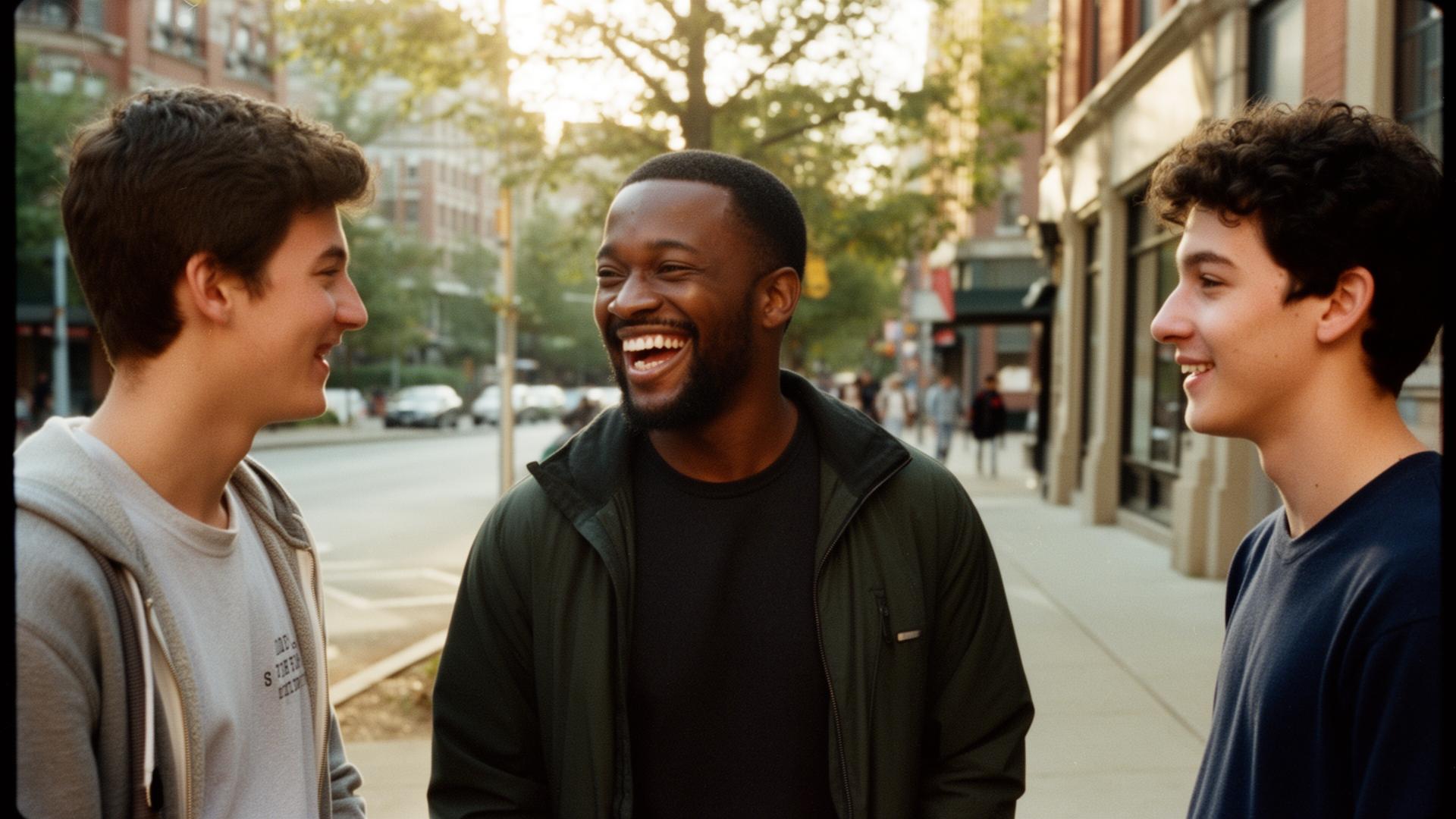 Mentor laughing with two young men on a city sidewalk