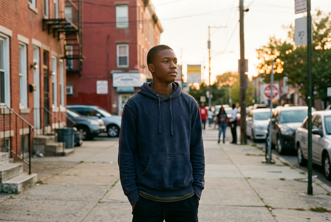 Mentor standing with a group of young men on a basketball court at golden hour